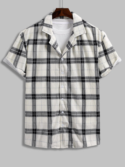 Men's Plaid Pleated Brushed Cuban Collar Short Sleeve Shirt Casual Shorts Set