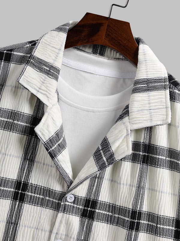 Men's Plaid Pleated Brushed Cuban Collar Short Sleeve Shirt Casual Shorts Set