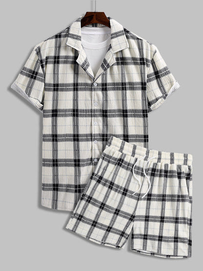 Men's Plaid Pleated Brushed Cuban Collar Short Sleeve Shirt Casual Shorts Set