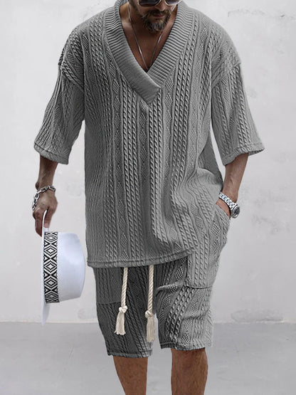 Men's fashionable knitted jacquard shirt set