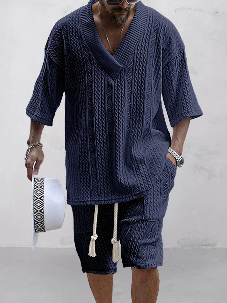 Men's fashionable knitted jacquard shirt set